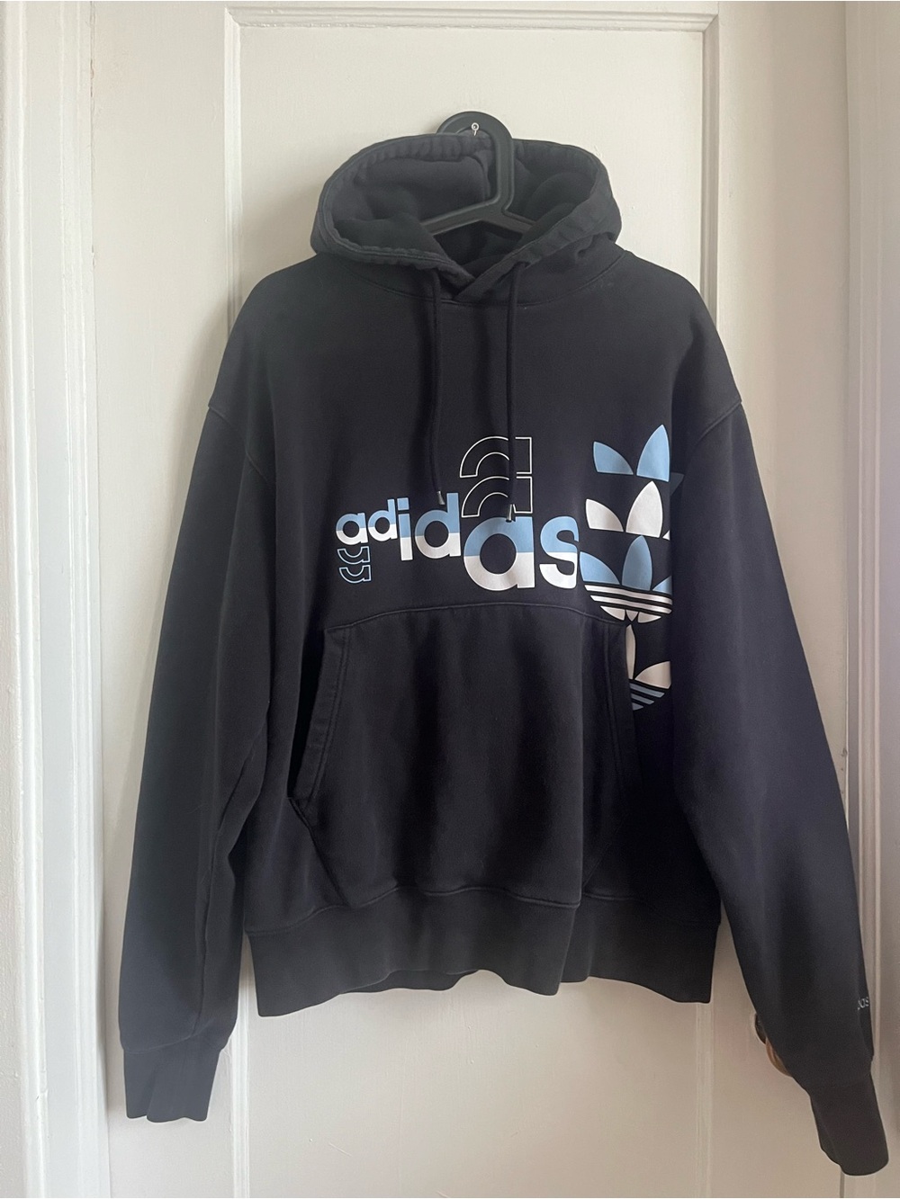 adidas Men’s Black Hoodie with Blue & White Trefoil Graphic